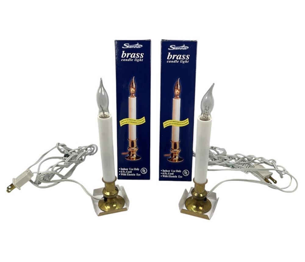 Vintage Sienna Brass‑Tone Automatic Sensor Window Candle Lights 2‑Pack NEW